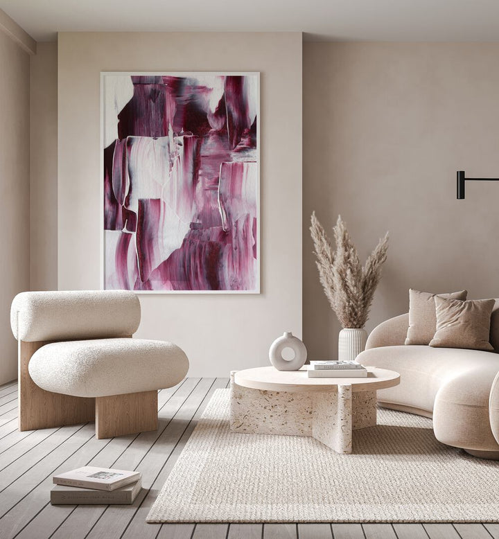 Paradox I by Uplus Me Studio Abstract Art Abstract Paintings in White Plain Frame placed on a wall behind a sofa 