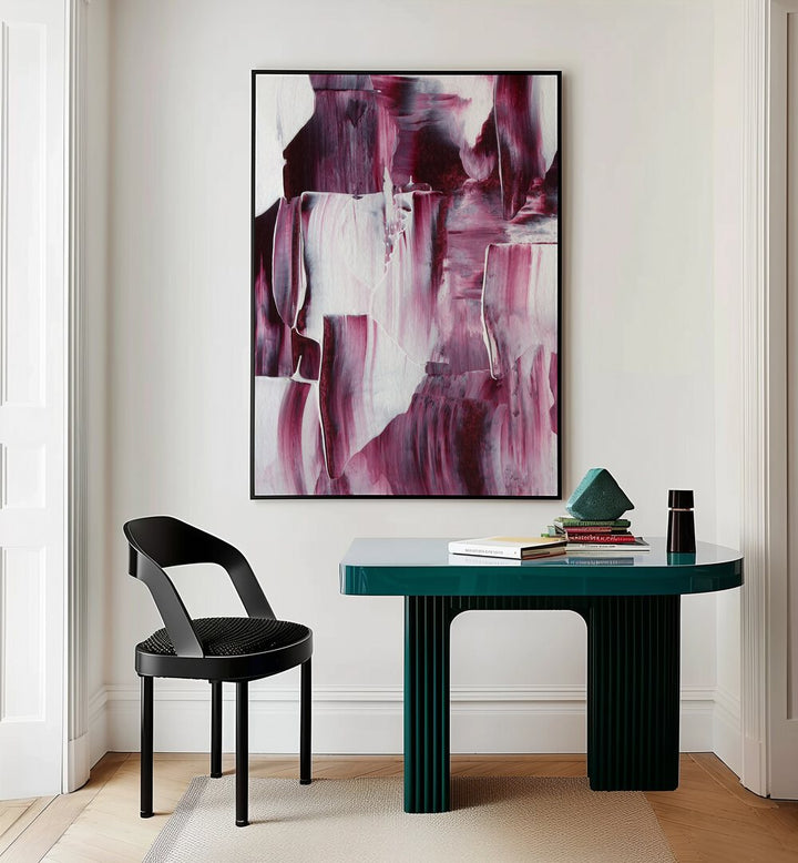 Paradox I by Uplus Me Studio Abstract Art Abstract Paintings in Black Plain Frame placed on a wall behind a study table