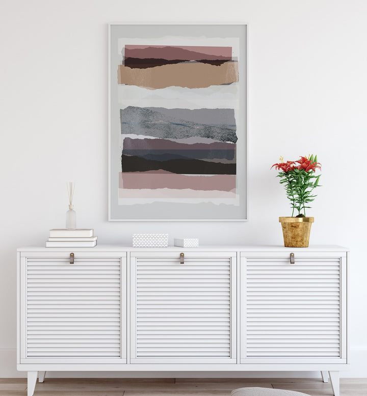 Parallel Abstract Pieces By Mareike Bohmer Abstract Art Abstract Paintings in White Plain Frame placed on a White Colored Wall above a Console Table