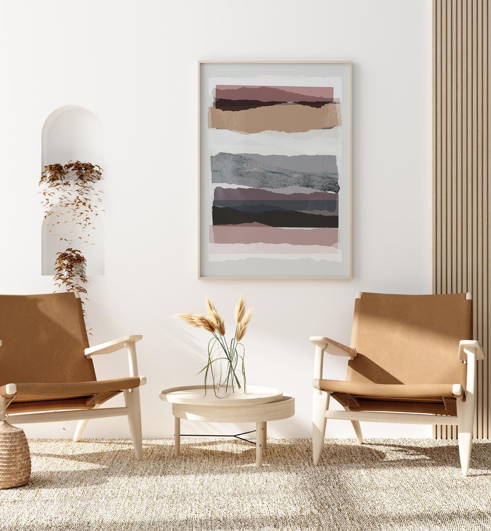 Parallel Abstract Pieces By Mareike Bohmer Abstract Art Abstract Paintings in Oak Wood Plain Frame placed on a White Colored Wall in the Drawing Room