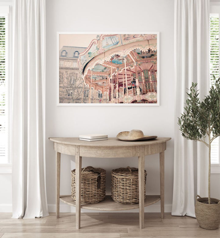 Paris Carousel I By Grace Digital Art Co Kids Room Prints in White Plain Frame placed on a wall behind a table