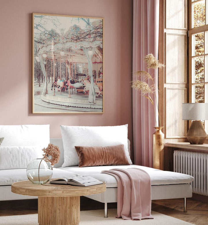 Paris Carousel ii By Grace Digital Art Co Kids Room Prints in Oak Wood Plain Frame on a pink wall placed behind a sofa