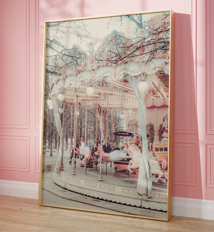 Paris Carousel ii By Grace Digital Art Co Kids Room Prints in Oak Wood Plain Frame placed on a wooden floor