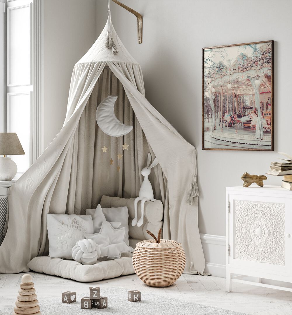 Paris Carousel ii By Grace Digital Art Co Kids Room Prints in Dark Wood Plain Frame placed on wall beside a kids tent