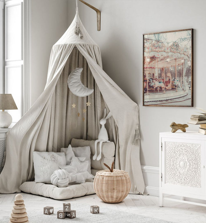 Paris Carousel iii By Grace Digital Art Co Kids Room Prints in Dark Wood Plain Frame on a wall placed beside a kids play tent