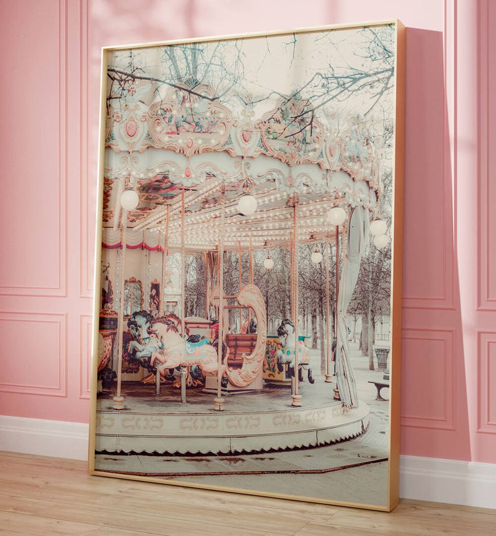 Paris Carousel iii By Grace Digital Art Co Kids Room Prints in Oak Wood Plain Frame placed on a wooden floor