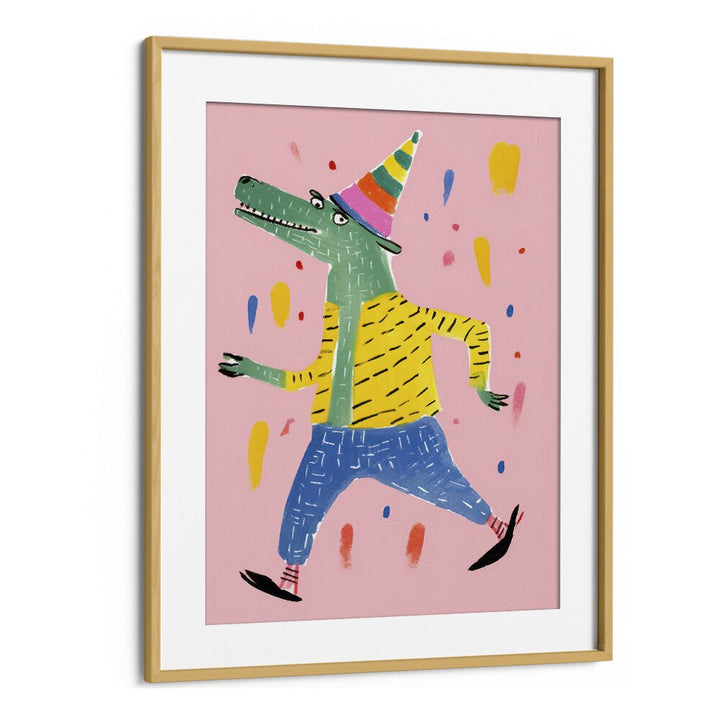 Party Croc  Kids Paintings in Oak Wood Frame With Mount