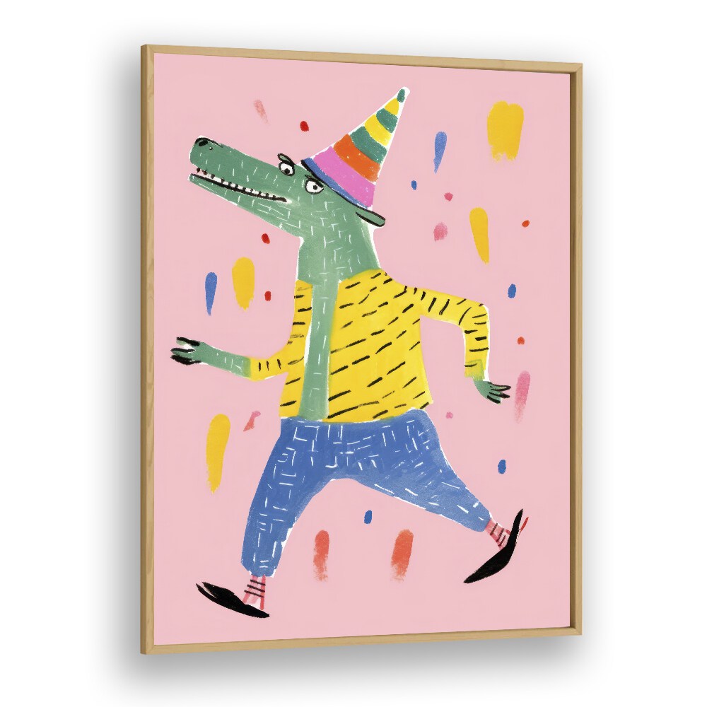 Party Croc  Kids Paintings in Oak Wood Plain Frame