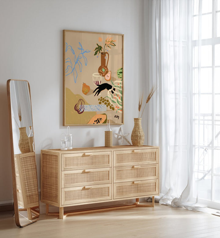 Pass Me The Pear By Arty Guava Wall Art Prints in Oak Wood Plain Frame placed on a White Colored Wall above a Console Table in the Drawing Room 