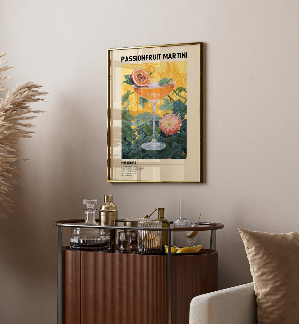 Passionate Bliss Passionfruit Martini Cafe Art Prints Cafe Posters in Gold Plain Frame placed on a wall behind a table