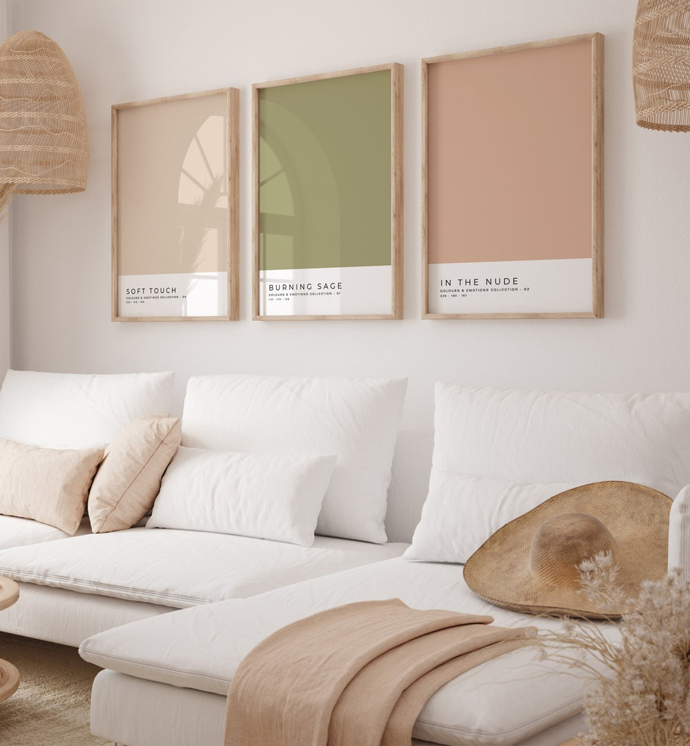 Pastel Colors Vol-I Set Of 3 Paintings in Oak Wood Plain Frame placed ona  white wall behind a sofa