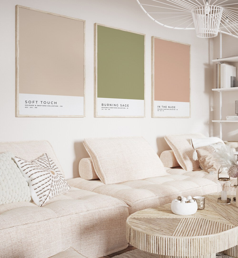 Pastel Colors Vol-I Set Of 3 Paintings in Oak Wood Plain Frame placed on a living room wall behind a sofa