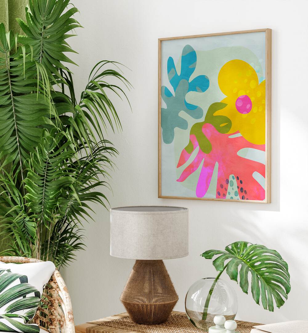 Pastel Cut Out Matisse By Ana Rut Bre Landscape Art Prints in Oak Wood Plain Frame placed on a White Colored Wall above a Console Table