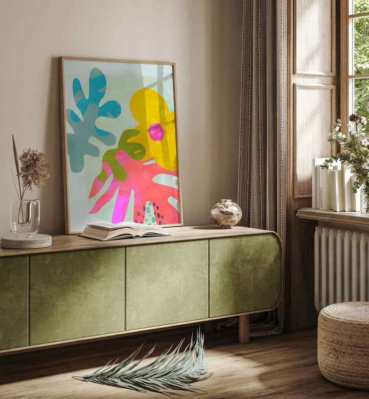 Pastel Cut Out Matisse By Ana Rut Bre Landscape Art Prints in Oak Wood Plain Frame placed on a Console Table near a Beige Colored Wall in the Drawing Room