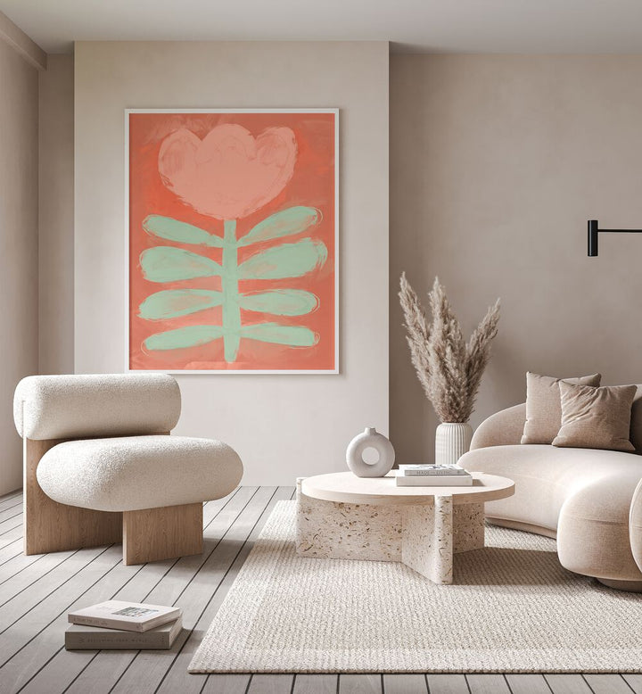 Pastel Flower By Treechild Botanical Art Prints in White Plain Frame placed on a Beige Colored Wall in the Drawing Room