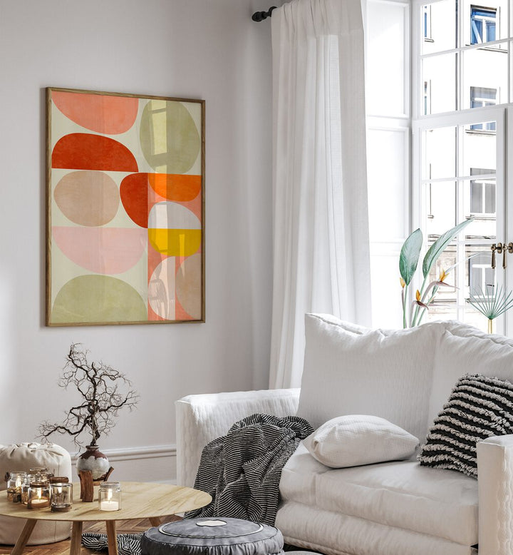 Pastel Geometry By Ana Rut Bre Landscape Art Prints in Oak Wood Plain Frame placed on a White Colored Wall near a White Sofa in the Living Room