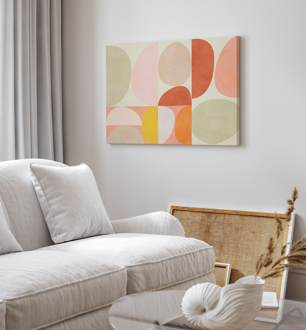 Pastel Geometry I By Ana Rut Bre Abstract Art Abstract Paintings in Gallery Wrap placed on a White Colored Wall near a White Sofa in the Living Room