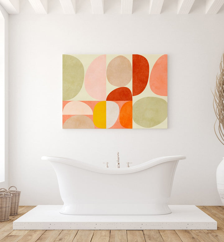 Pastel Geometry I By Ana Rut Bre Abstract Art Abstract Paintings in Gallery Wrap placed on a White Colored Wall near a Bathtub in the Bathroom