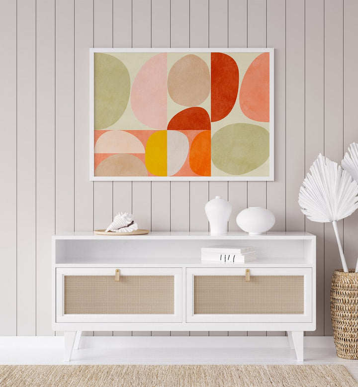 Pastel Geometry I By Ana Rut Bre Abstract Art Abstract Paintings in White Plain Frame placed on a Grey Colored Wall above a Console Table in the Drawing Room 