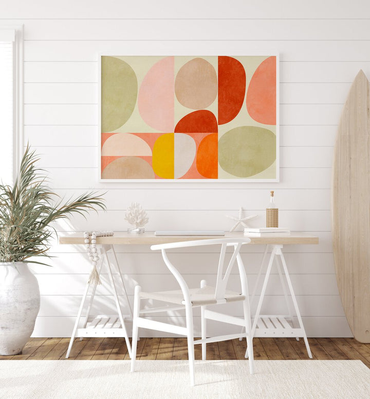 Pastel Geometry I By Ana Rut Bre Abstract Art Abstract Paintings in White Plain Frame placed on a White Colored Wall near a Workspace in the Drawing Room