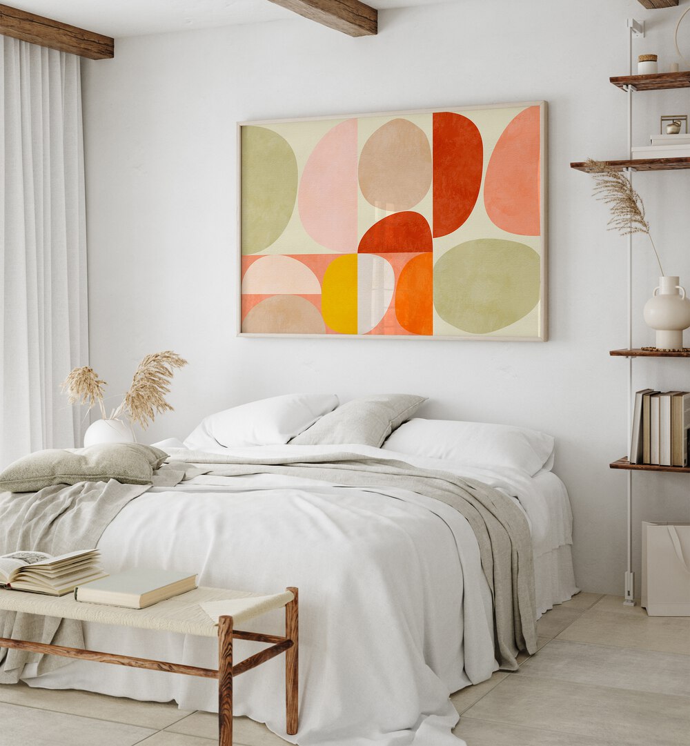 Pastel Geometry I By Ana Rut Bre Abstract Art Abstract Paintings in Oak Wood Plain Frame placed on a White Colored Wall Behind a Bed in the Bedroom