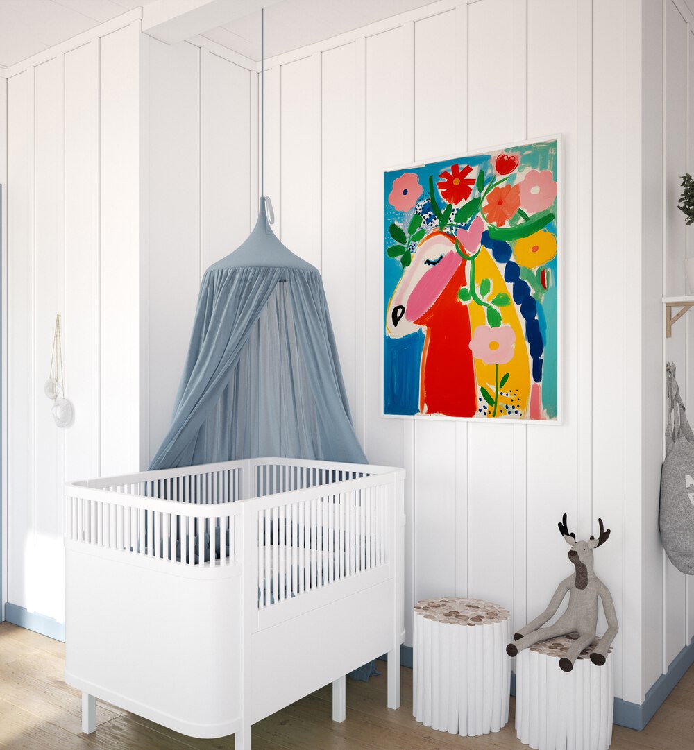 Pastel Horse By Treechild Kids Room Paintings in White Plain Frame placed on a White Colored Wall in the Kids Room