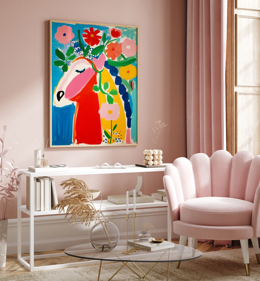 Pastel-Horse-By-Treechild-Kids-Room-Paintings-in-Oak-Wood-Plain-Frame placed on a Pink Colored Wall above a Console Table in the Drawing Room