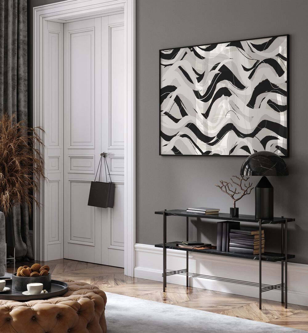 Pastel Lines By Treechild Abstract Art Prints in Black Plain Frame placed on a Grey Colored Wall above a Shelf in the Drawing Room