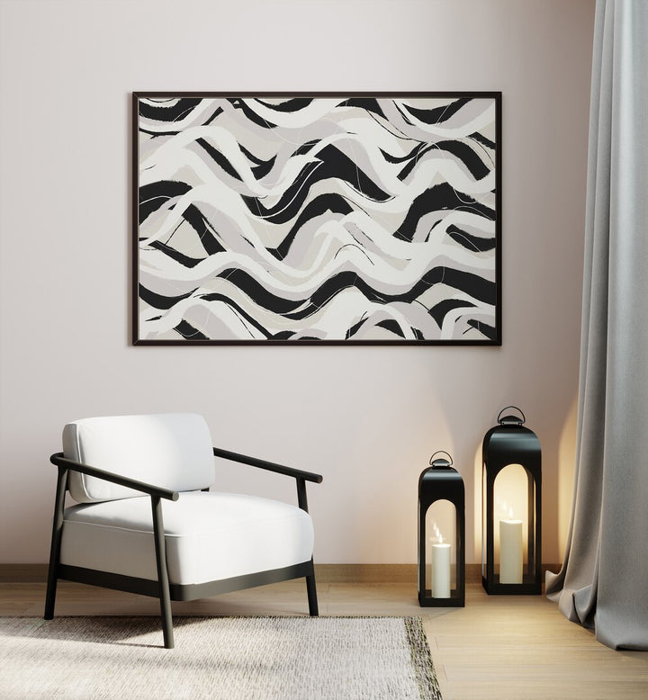 Pastel Lines By Treechild Abstract Art Prints in Black Plain Frame placed on a Cream Colored Wall in the Drawing Room