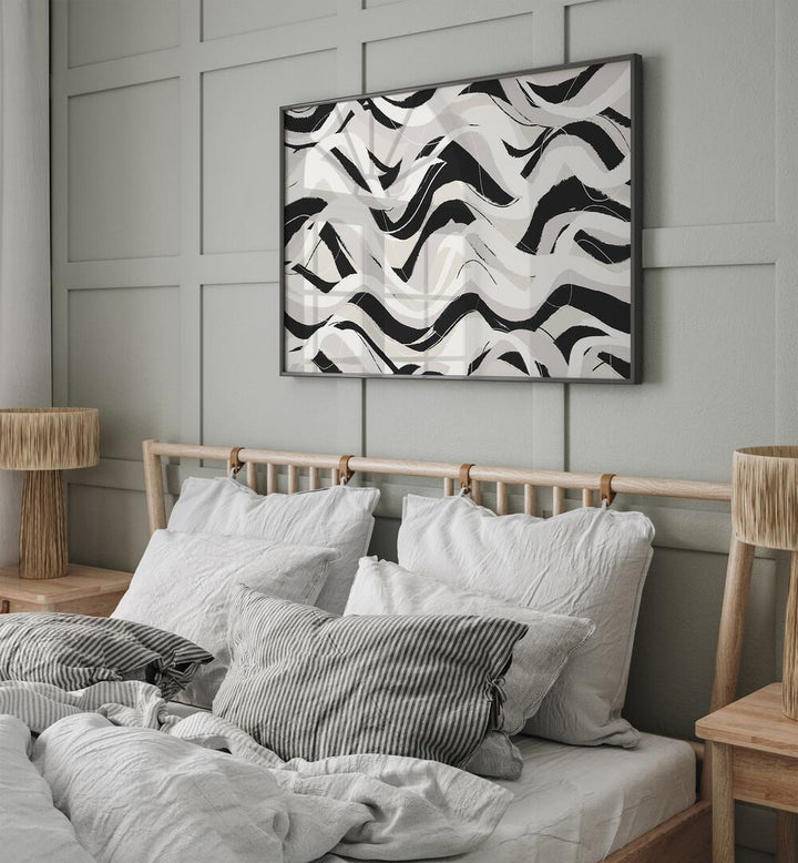 Pastel Lines By Treechild Abstract Art Prints in Black Plain Frame placed on a Light Green Colored Wall near a Bed in the Bedroom