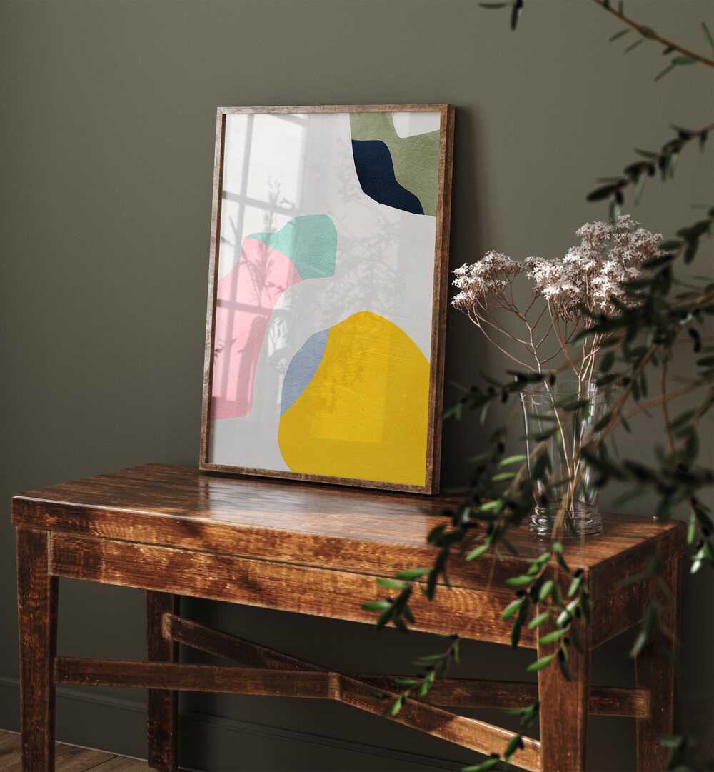 Pastel Minimal Shapes By Ana Rut Bre Landscape Art Prints in Oak Wood Plain Frame placed on a Console Table in the Alley Way