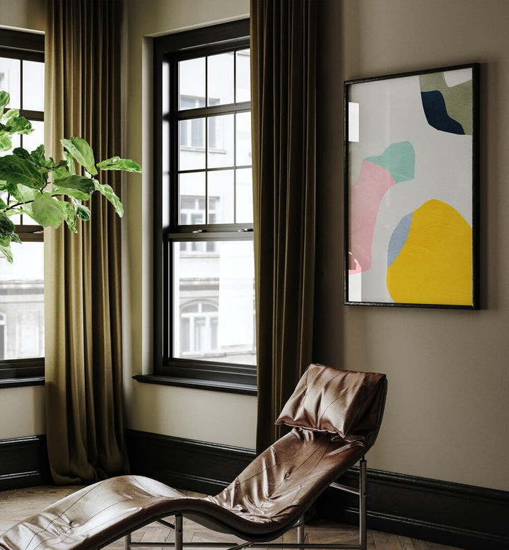 Pastel Minimal Shapes By Ana Rut Bre Landscape Art Prints in Black Plain Frame placed on a Beige Colored Wall in the Drawing Room