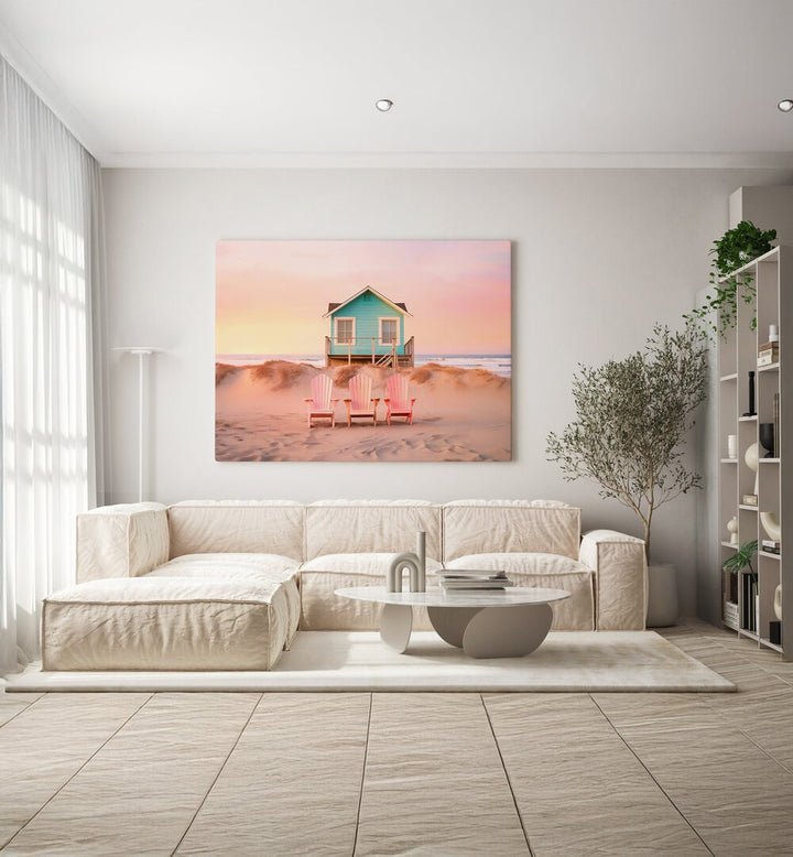 Serene pastel beach scene with chairs, perfect for enhancing your space. Explore PASTEL BEACH, BEACH PAINTINGS for tranquility.
