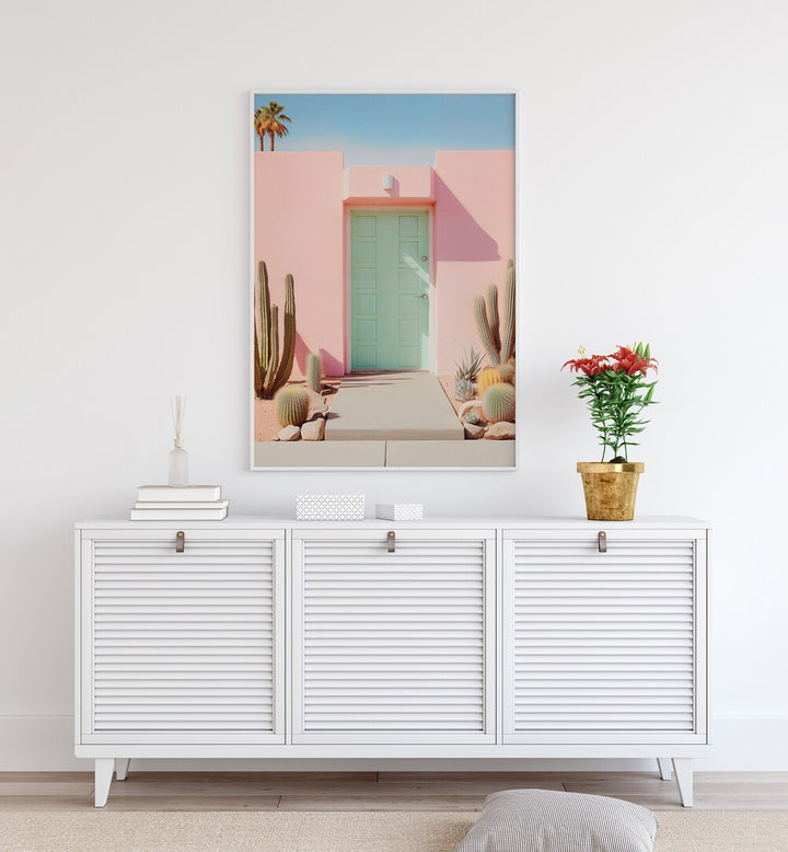 Vibrant PASTEL PALM SPRINGS, BEACH PAINTINGS showcasing a stunning pink door and cacti, perfect for stylish decor.