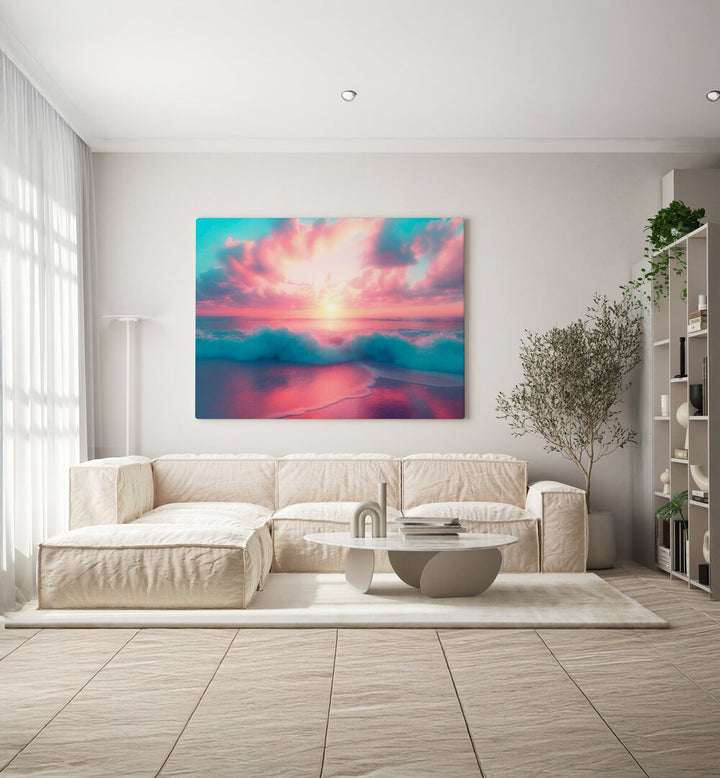 Serene sunset over waves in PASTEL PERFECTION, BEACH PAINTINGS by Philippe Hugonnard, enhancing your space beautifully.
