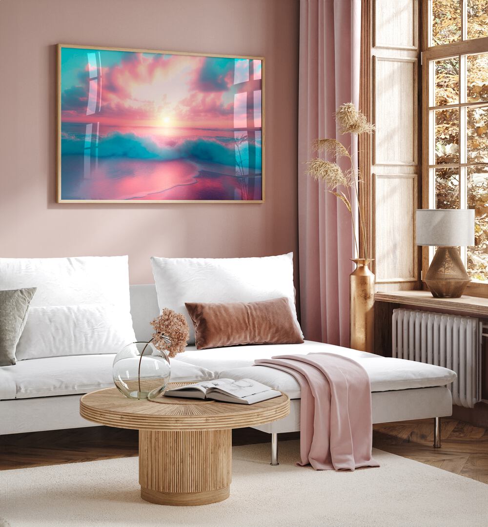 Serene living room featuring PASTEL PERFECTION, BEACH PAINTINGS by Philippe Hugonnard, showcasing enchanting soft hues.