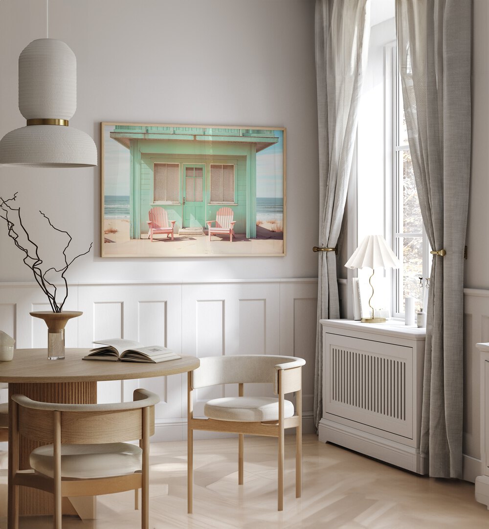 Bright pastel beach house with pink chairs, showcasing PASTEL PERSPECTIVES, BEACH PAINTINGS by Philippe Hugonnard.