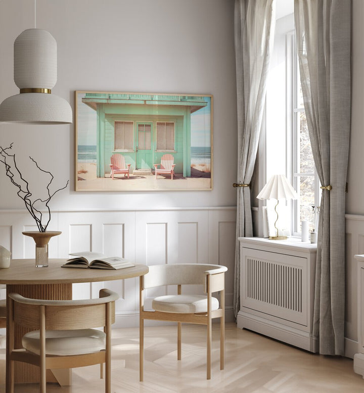 Bright pastel beach house with pink chairs, showcasing PASTEL PERSPECTIVES, BEACH PAINTINGS by Philippe Hugonnard.