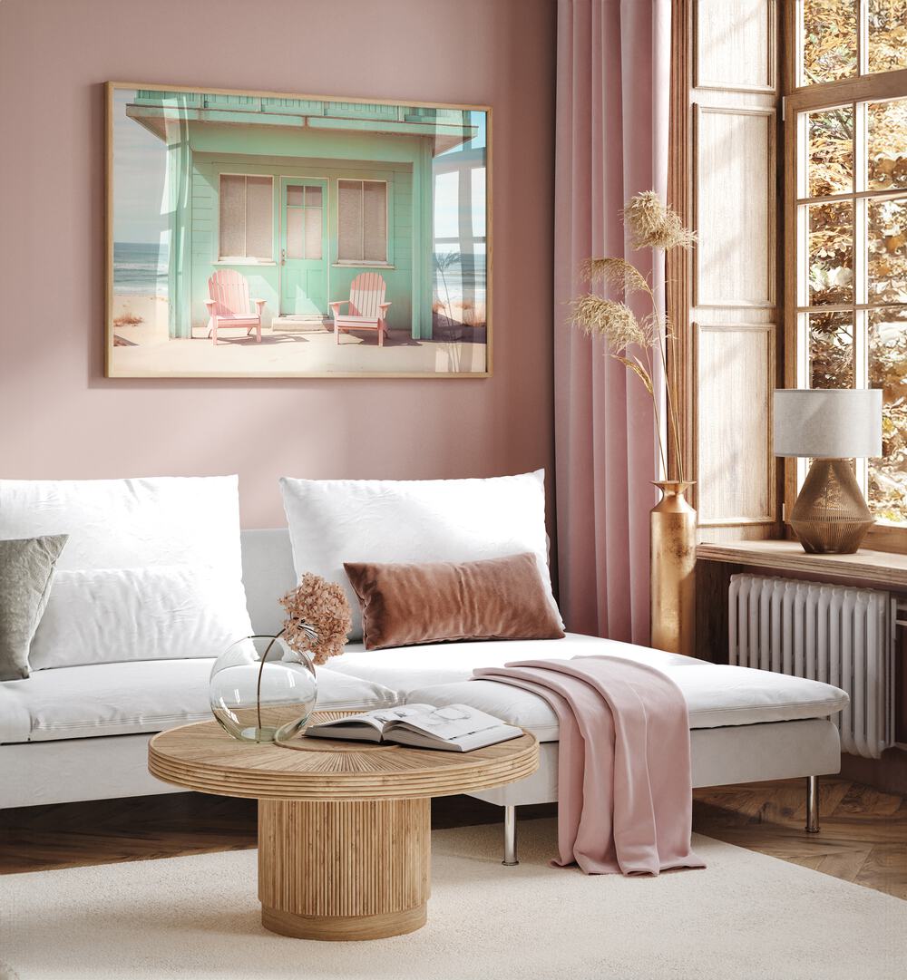 Stylish living room featuring PASTEL PERSPECTIVES, BEACH PAINTINGS by Philippe Hugonnard, showcasing soft hues and design.