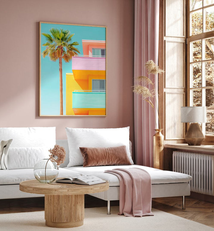 Bright pastel colors of PASTEL VENICE, BEACH PAINTINGS adorn a stylish living room, showcasing elegance and charm.
