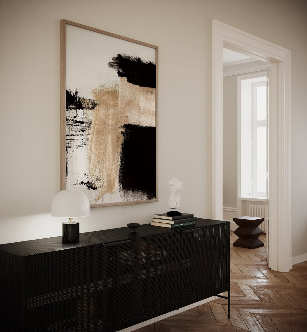 Path By Dan Hobday Abstract Art Abstract Paintings in Oak Wood Plain Frame placed on a Cream Colored Wall above a Console Table in the Alley Way