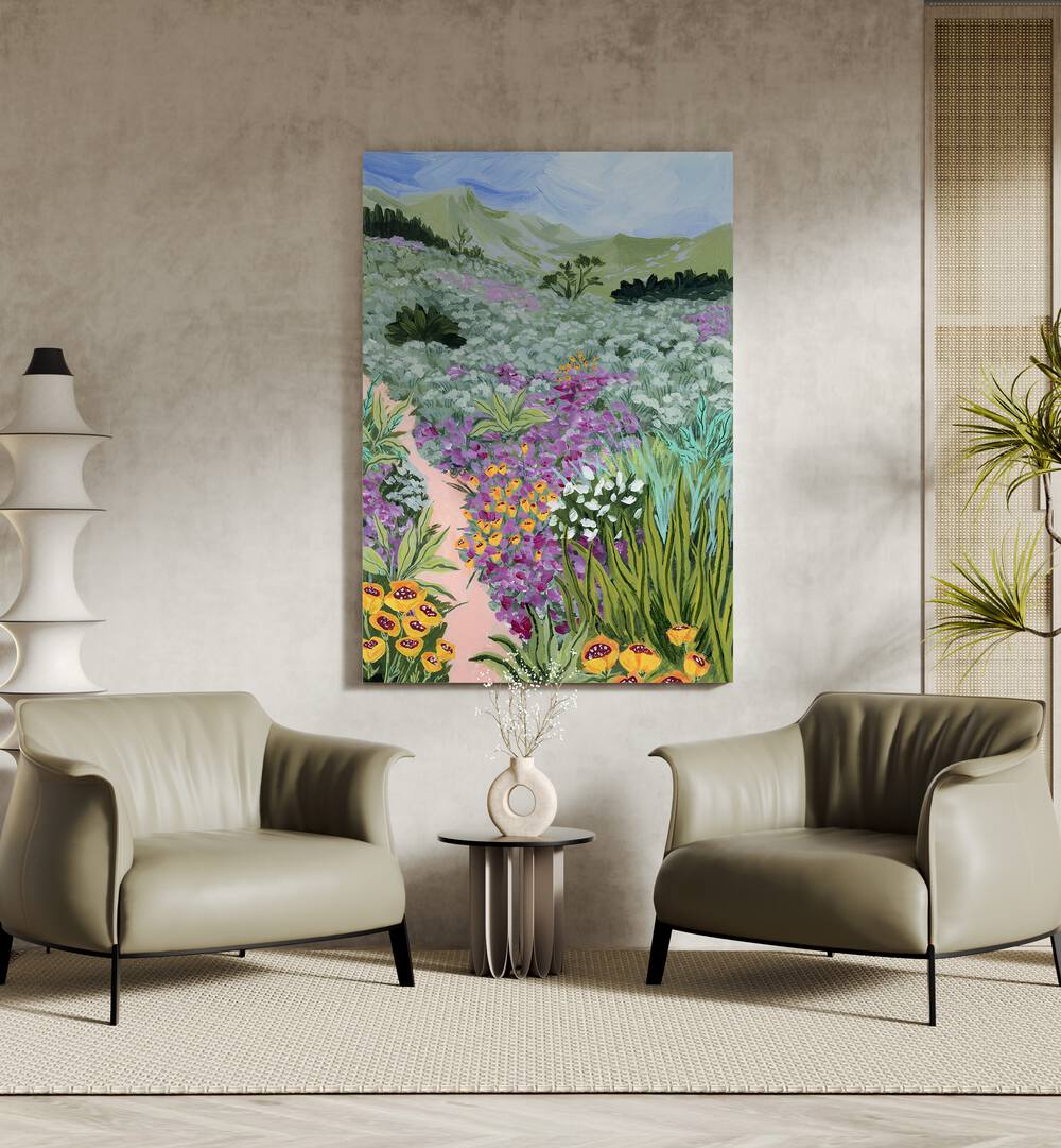 Path to the Pacific i By Sarah Gesek Landscape Art Prints in Gallery Wrap placed on a wall behind two sofas and a table