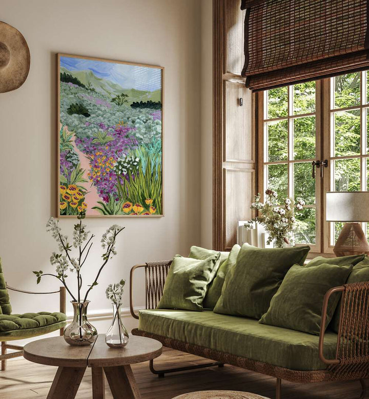 Path to the Pacific i By Sarah Gesek Landscape Art Prints in Oak Wood Plain Frame placed on a living room wall beside a window and a sofa