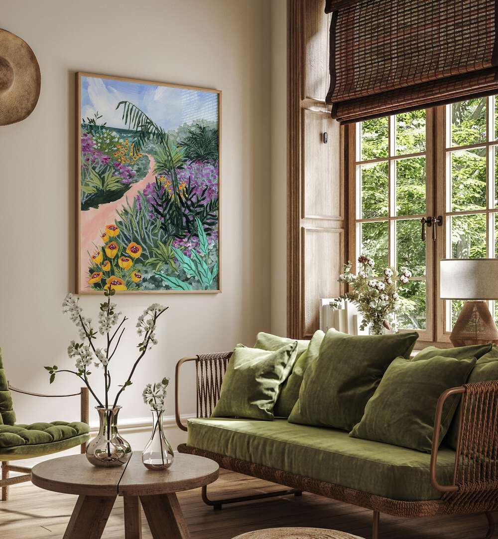 Path to the Pacific ii By Sarah Gesek Landscape Art Prints in Oak Wood Plain Frame placed on a living room wall beside a window and a sofa