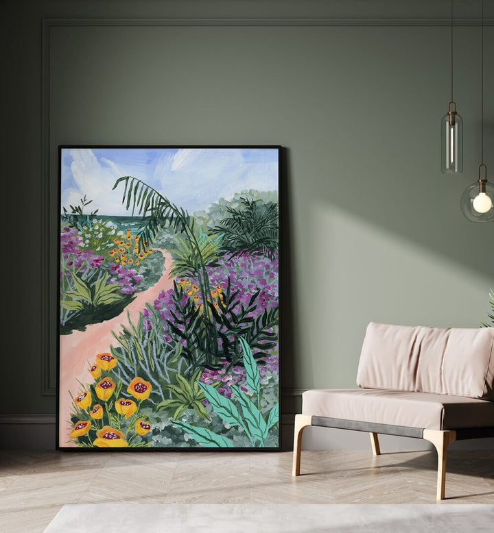 Path to the Pacific ii By Sarah Gesek Landscape Art Prints in Black Plain Frame placed on the floor beside a sofa