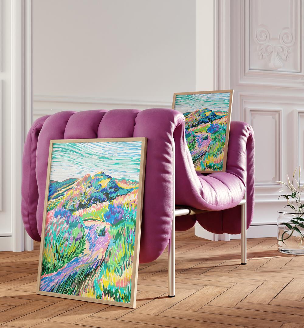 Pathway By Key And Sea Creative Landscape Art Print in Oak Wood Plain Frame beside a pink sofa and on the sofa