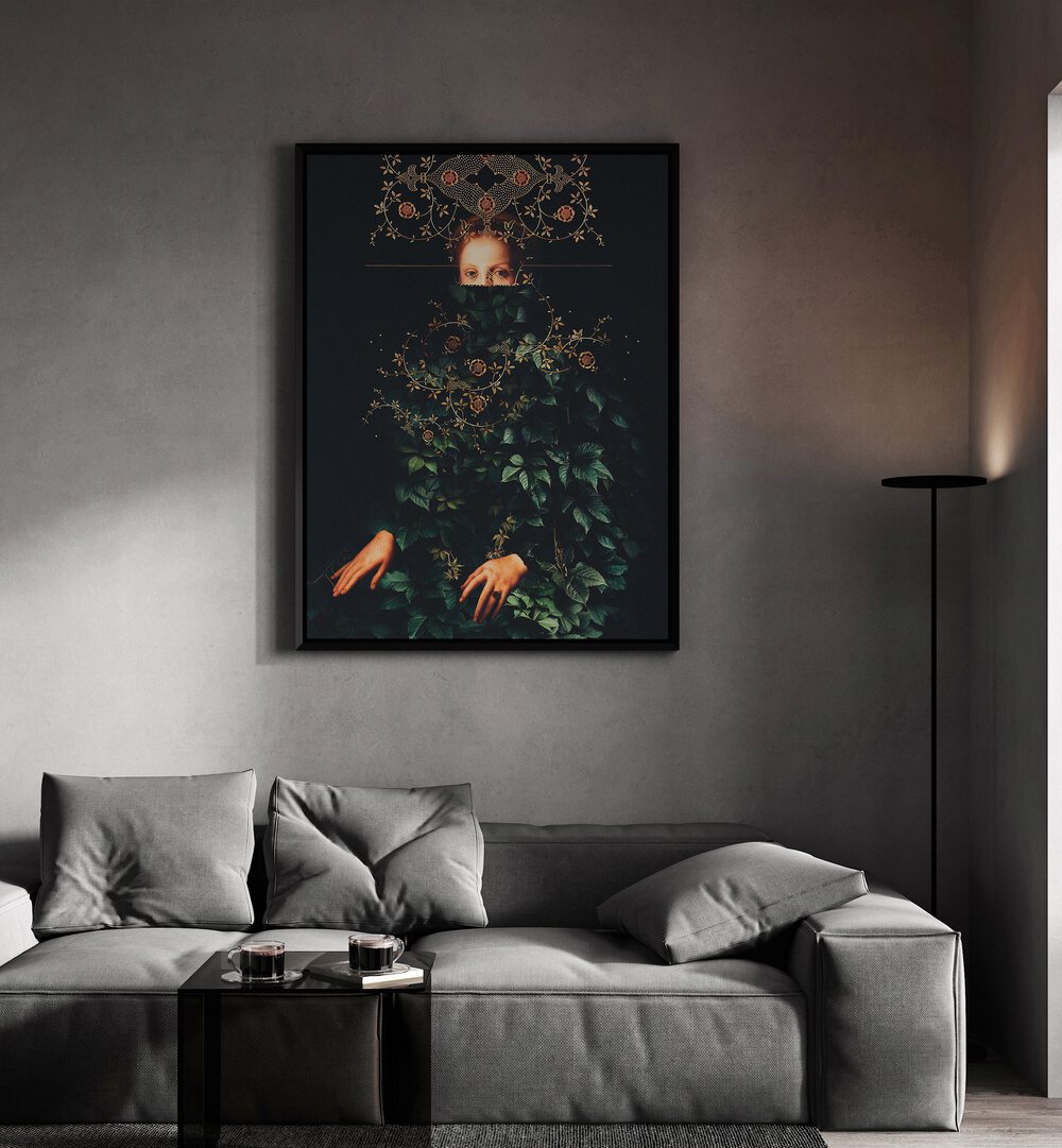 Patience ii By Frank Moth Surreal Art Prints Surrealism in Black Plain Frame placed on a wall behind a grey sofa 