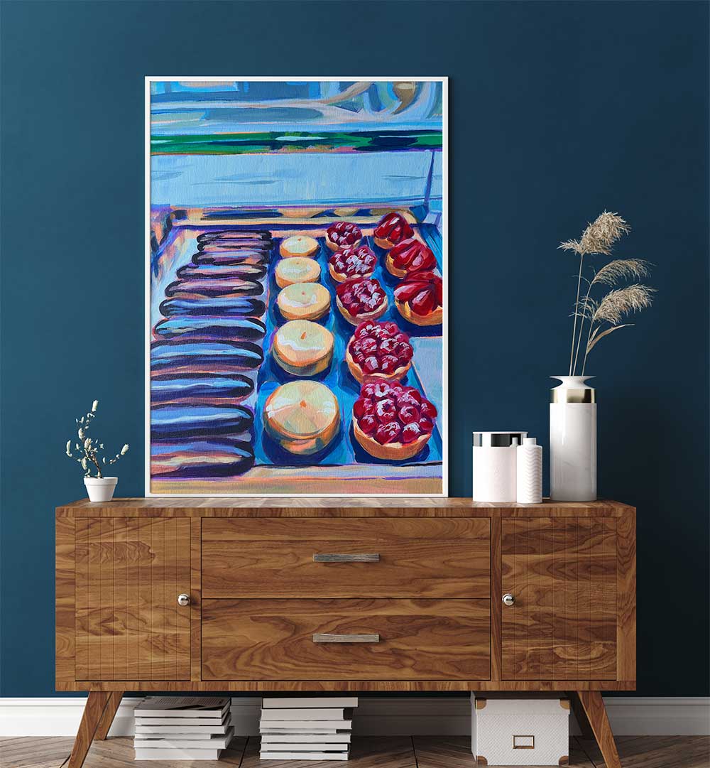 PÂTISSERIE , KITCHEN POSTERS featuring a framed colorful pastry and tart display above a wooden sideboard