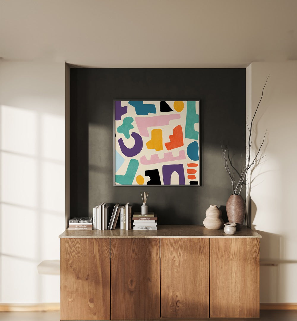 Pattern III Mid Bunt II By Ana Rut Bre Abstract Art Abstract Paintings in Black Plain Frame placed on a Dark Grey Colored Wall above a Console Table in the Living Room