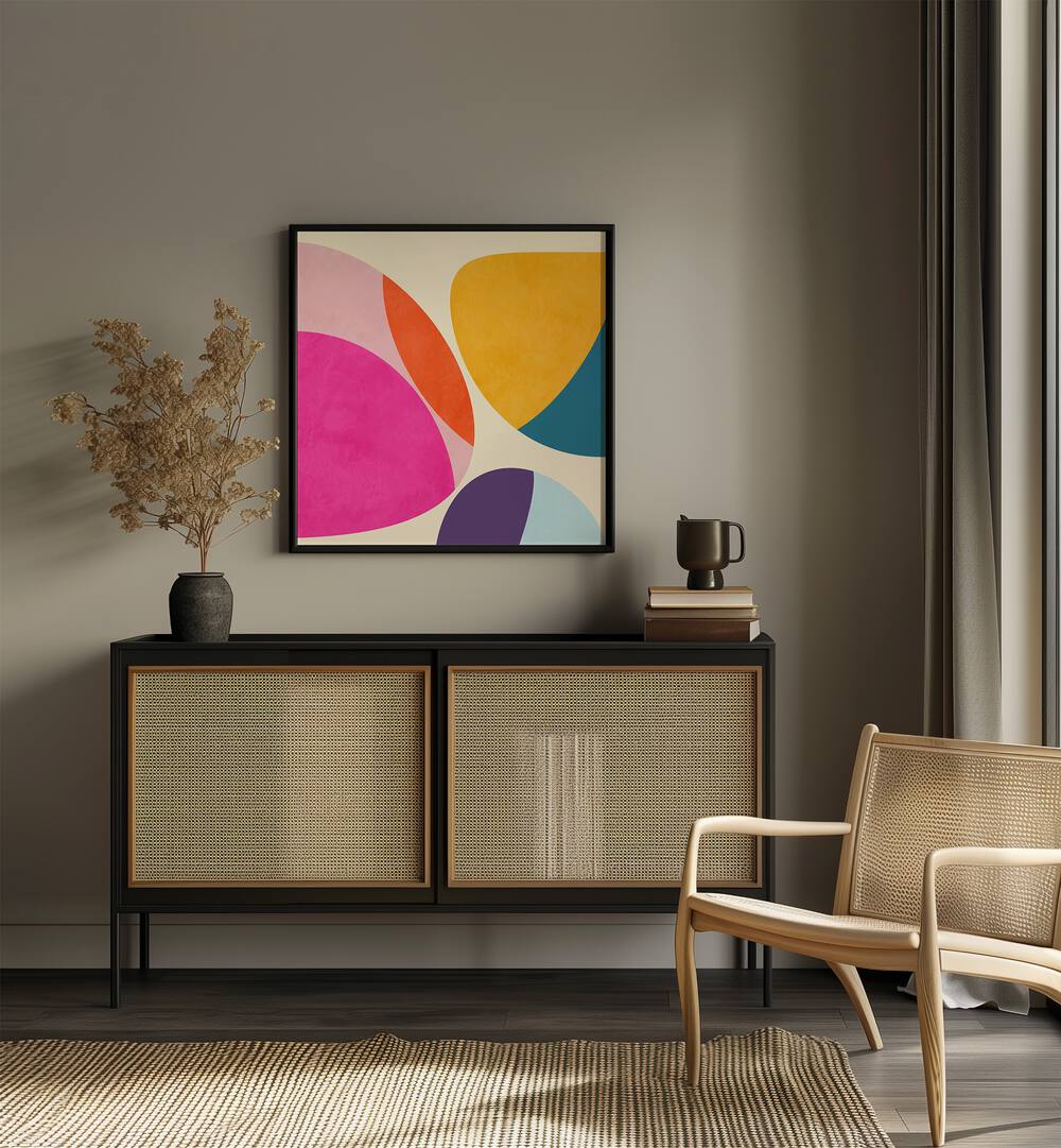 Pattern III Mid Bunt III By Ana Rut Bre Abstract Art Abstract Paintings in Black Plain Frame placed on a Beige Colored Wall above a Console Table in the Drawing Room